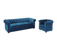 Vente-unique - Canapé 3 Places et Fauteuil Chesterfield - Velours Bleu Canard