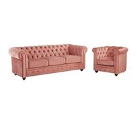 Vente-unique - Canapé 3 Places et Fauteuil Chesterfield - Velours Rose Pastel