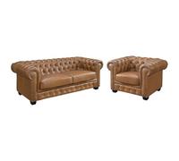 Canapé chesterfield 3 places et un fauteuil BRENTON 100% cuir de buffle premium - Caramel vintage