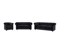 Vente-unique - Canapés 3 Places, 2 Places et Fauteuil en Velours Noir et Boutons Effet Cristal Chesterfield