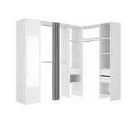 Dressing d'angle avec rideau et 1 porte - Avec miroir - L231 cm - Blanc et gris - BERTRAND