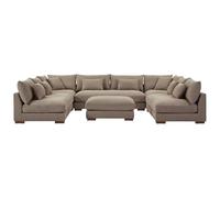 Vente-unique - Grand canapé d'angle panoramique et Pouf en Tissu Beige SPERONE