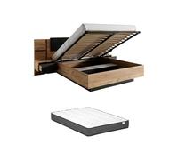 Vente-unique - Lit 140 x 190 avec sommier LED - Gris Anthracite, Naturel Clair - avec Tiroir, Etagère - ELYNIA
