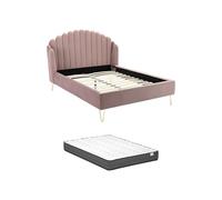 Vente-unique - Lit 140 x 190 cm avec tête de lit ondulée - Velours - Vieux Rose + Matelas - SAGALI