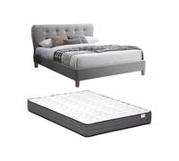 Vente-unique - Lit 160 x 200 cm avec tête de lit capitonnée - Tissu - Gris Clair + Matelas - Elide