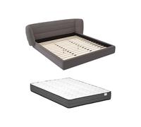 Vente-unique - Lit 180 x 200 cm avec tête de lit incurvée - Tissu Bouclette - Gris + Matelas - LARUMO de Maison Céphy