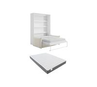 Lit escamotable 140 x 200 cm - Ouverture verticale manuelle - Avec LEDs - Blanc + Canapé en tissu bouclette beige + Matelas - RAPILI