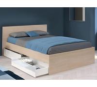 Vente-unique-Lit avec 2 tiroirs 140 x 190 cm - Coloris : Naturel et Blanc Brillant - VELONA