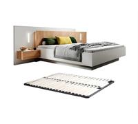 Vente-unique - Lit avec chevets 160 x 200 cm - 2 tiroirs - avec LEDs - Coloris : Blanc et Naturel + Sommier - FRANCOLI