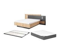 Vente-unique - Lit avec chevets 160 x 200 cm - 2 tiroirs - avec LEDs - Coloris : Naturel et Anthracite + Sommier + Matelas Premium - FRANCOLI