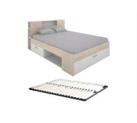 Vente-unique - Lit avec tête de lit rangements et tiroirs - 140 x 190 cm - Coloris : Naturel et Blanc + Sommier - Leandre