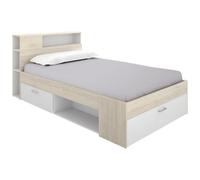 Vente-unique Lit avec tête de rangement et tiroir - 120 x 190 cm - Couleur : naturel et blanc - Leandre