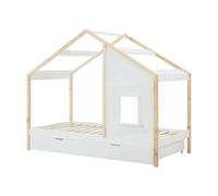 Lit cabane 90 x 190 cm avec tiroir - Pin et MDF - Coloris : Blanc et naturel - RINELYA