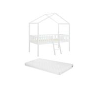 Vente-unique - Lit cabane mi-Hauteur 90 x 190 cm - Pin - Blanc + Matelas - NALENY - pour Enfant