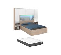 Vente-unique - Lit Coffre 140 x 190 cm avec Pont de lit - avec LEDs - Blanc Brillant et Naturel + Matelas - VELONA
