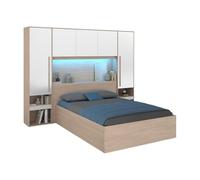 Lit coffre 140 x 190 cm avec pont de lit - Avec LEDs - Blanc brillant et naturel - VELONA