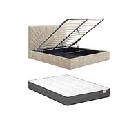 Vente-unique - Lit Coffre 140 x 190 cm - Tissu texturé - Beige + Matelas - RIBIOLA