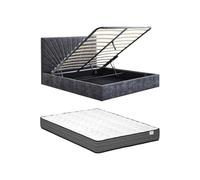 Vente-unique - Lit Coffre 140 x 190 cm - Tissu texturé - Gris Anthracite + Matelas - RIBIOLA