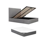 Vente-unique - Lit Coffre 160 x 200 cm avec tête de lit Coutures Verticales - Velours côtelé - Gris + Matelas - Sarah