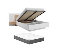 Vente-unique - Lit Coffre avec chevets 160 x 200 cm - 2 tiroirs - avec LEDs - Coloris : Blanc et Naturel + Matelas Premium - FRANCOLI