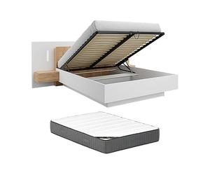 Vente-unique - Lit Coffre avec chevets 160 x 200 cm - 2 tiroirs - avec LEDs - Coloris : Blanc et Naturel + Matelas Premium - FRANCOLI