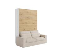 Vente-unique-Lit escamotable 140 x 200 cm - Ouverture Verticale Manuelle - avec LEDs - Blanc et Naturel + Canapé - RAPILI