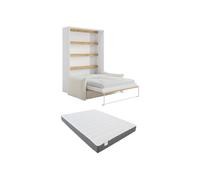 Lit escamotable 140 x 200 cm - Ouverture verticale manuelle - Avec LEDs - Blanc et naturel + Canapé en tissu bouclette beige + Matelas - RAPILI