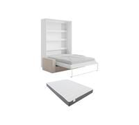Lit escamotable 160 x 200 cm - Ouverture verticale manuelle - Avec LEDs - Blanc et naturel + Canapé en velours côtelé beige + Matelas - RAPILI