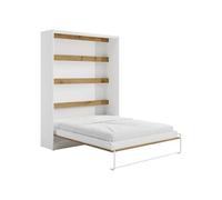 Vente-unique-Lit escamotable 160 x 200 cm - Ouverture Verticale Manuelle - avec LEDs - Blanc et Naturel - RAPILI