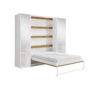 Lit escamotable vertical 140 x 200 cm - 2 colonnes de rangement - Avec miroirs et LEDs - Blanc et naturel - RAPILI