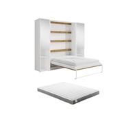 Vente-unique - Lit escamotable Vertical 140 x 200 cm - 2 colonnes de Rangement - avec miroirs et LEDs - Blanc et Naturel + Matelas - RAPILI
