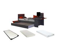 Lit gigogne gamer 90 x 200 et 90 x 190 cm - Avec bureau - LEDs - Anthracite et rouge + Matelas + Sommier - VOUANI
