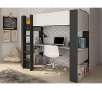 Vente-unique Lit Mezzanine avec Bureau et rangements intégrés - 90 x 200 cm - Blanc et Anthracite - Noah II