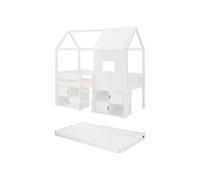 Vente-unique - Lit mi-Hauteur cabane 90 x 190 cm - Pin et MDF - Blanc + Matelas - VALESKIA - pour Enfant
