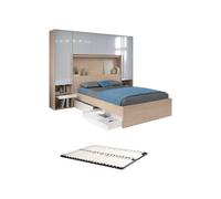 Lit pont 140 x 190 cm avec rangements - avec LEDs - Coloris : Naturel et blanc brillant + Sommier - VELONA