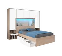Vente-unique - Lit Pont 140 x 190 cm avec rangements - avec LEDs - Coloris : Naturel et Blanc Brillant - VELONA