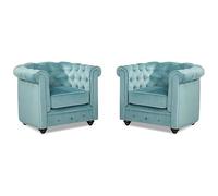 Vente-unique - Lot de 2 Fauteuils Chesterfield - Velours Bleu Pastel