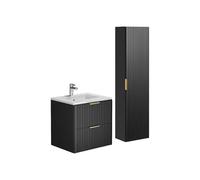 Vente-unique - Meuble de Salle de Bain strié avec Vasque à encastrer et Colonne - Noir - 60 cm - ZEVARA