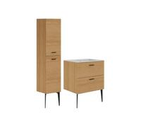 Vente-unique - Meuble de Salle de Bain strié sur Pieds avec Vasque à encastrer et Colonne - 2 tiroirs - Naturel Clair - 60 cm - SARONE