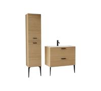 Vente-unique - Meuble de Salle de Bain strié sur Pieds avec Vasque à encastrer, Robinet et Colonne - 2 tiroirs - Naturel Clair - 80 cm - SARONE