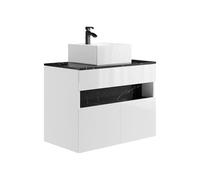 Vente-unique - Meuble de Salle de Bain Suspendu à LEDs avec Vasque à Poser - Blanc et Noir Effet marbre - L80 cm - POZEGA