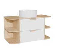 Vente-unique - Meuble de Salle de Bain Suspendu avec niches et Vasque à Poser Ronde - Blanc et Naturel Clair - L100 cm - AVORELI