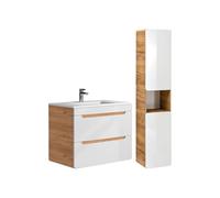 Vente-unique - Meuble de Salle de Bain Suspendu avec Vasque à encastrer et Colonne - Coloris Naturel et Blanc - 80 cm - Aruba