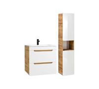 Meuble de salle de bain suspendu avec vasque à encastrer et colonne - Coloris naturel et blanc - 60 cm - ARUBA