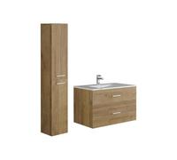 Vente-unique - Meuble de Salle de Bain Suspendu Simple Vasque avec Colonne de Rangement - Coloris Naturel Clair - 80 cm - Kayla