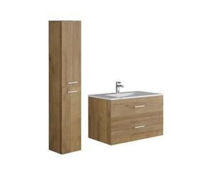 Vente-unique - Meuble de Salle de Bain Suspendu Simple Vasque avec Colonne de Rangement - Coloris Naturel Clair - 80 cm - Kayla