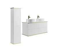 Vente-unique - Meuble de Salle de Bain Suspendu strié avec Double Vasque à Poser Ronde et Colonne - Blanc - 120 cm - KELIZA
