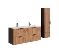 Vente-unique - Meuble de Salle de Bain Suspendu strié avec Vasque à encastrer avec Colonne - Naturel Clair et Noir - 120 cm - MADELA