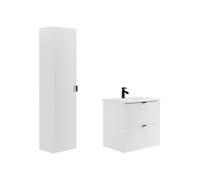 Vente-unique - Meuble de Salle de Bain Suspendu strié avec Vasque à encastrer et Colonne - Blanc Mat - 60 cm - ZEVINI