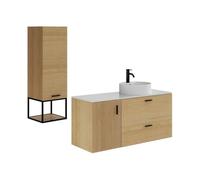 Vente-unique - Meuble de Salle de Bain Suspendu strié avec Vasque à Poser et Colonne avec Niche - 1 Porte et 2 tiroirs - Naturel Clair - 120 cm - SARONE